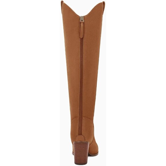 Women Brown Cowboy Knee High Boot Chunky Block Heel Square Toe Tall Riding Boots - Picture 4 of 5